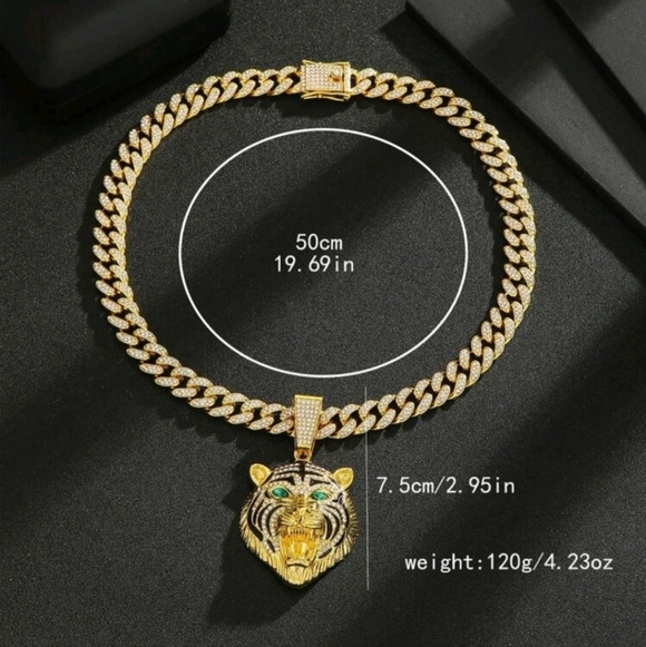 Striking Iced Out Rhinestone & Enamel Green Eyed TIGER Pendant Gold Necklace - Picture 3 of 11